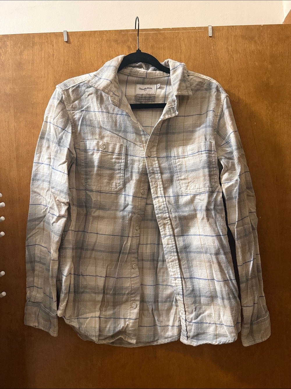 Goodfellow & Co Beige Plaid Long-Sleeve Button-Down Shirt with Blue Lines